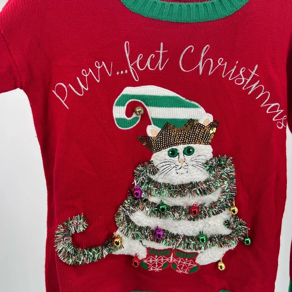 33 Degrees cat Christmas sweater tinsel bells s ugly sweater sequins embroidered